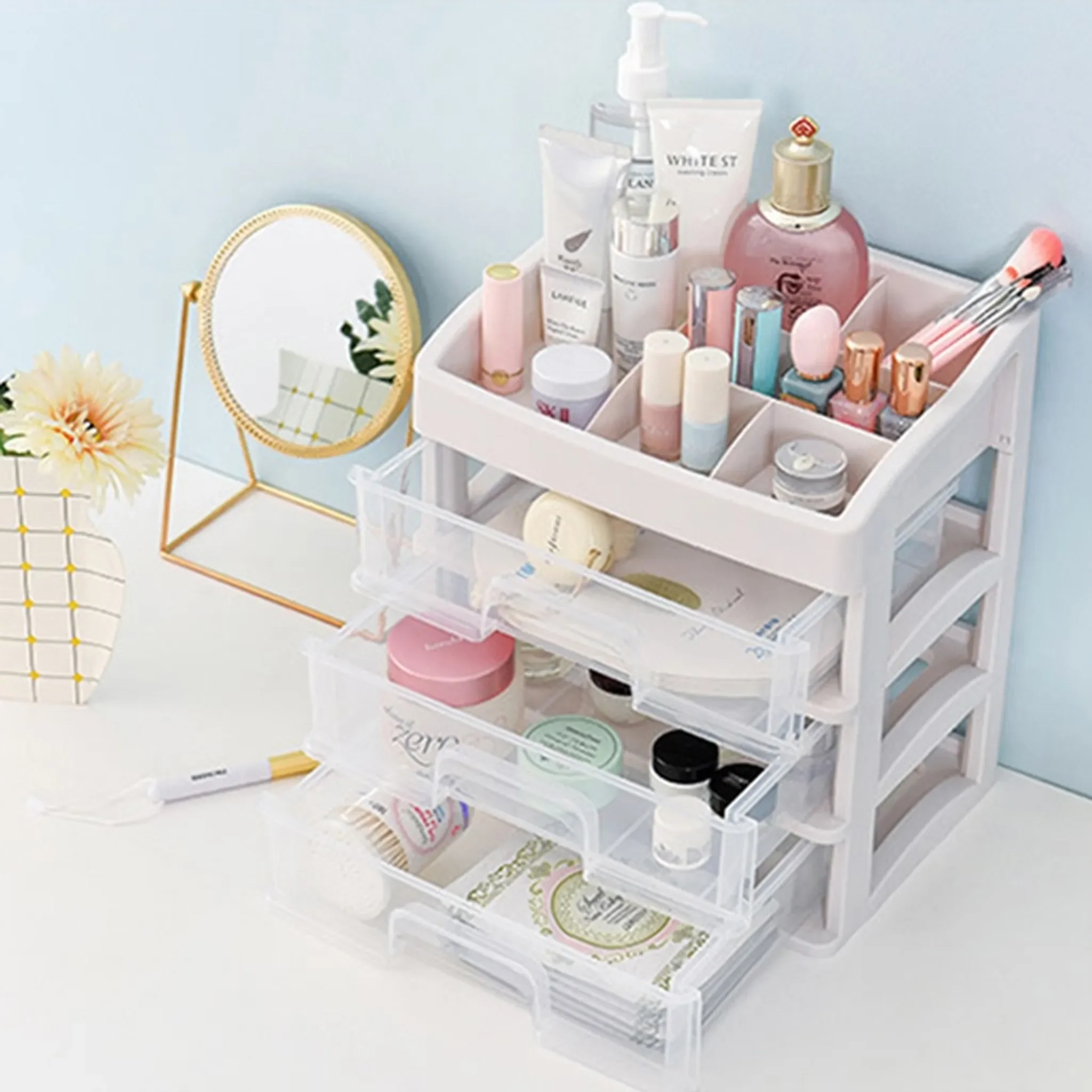 APT® Kosmetik-Organizer mit 3 Schubladen – Weiß/Transparent